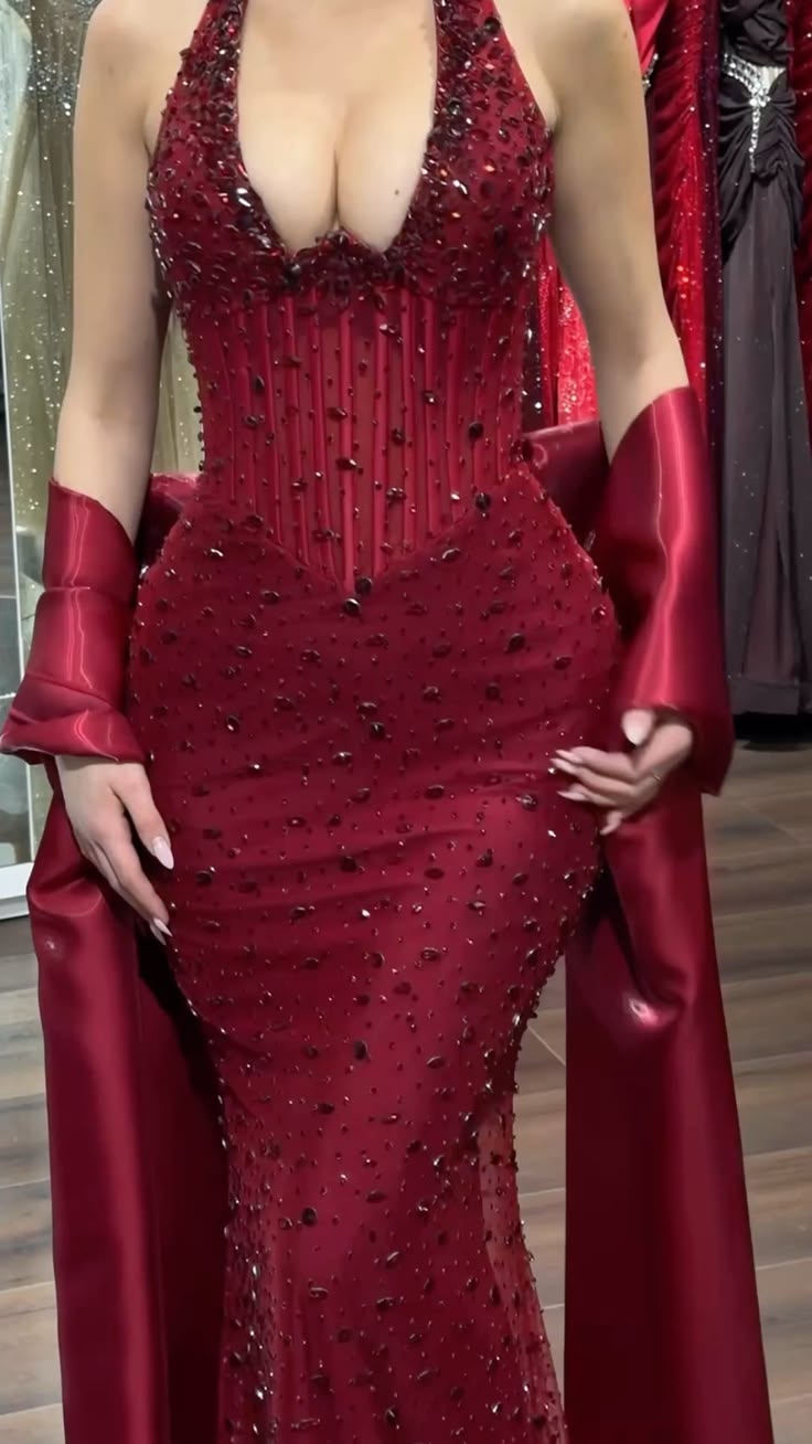Sexy Prom Dresses Mermaid Halter With Scarf Burgundy Beading Evening Long Formal Dress N4759