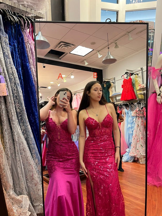 Ethereal Mermaid Spaghetti Straps Hot Pink Lace Appliques Sequin Long Prom Dresses Inspiration Prom Gowns DH3262