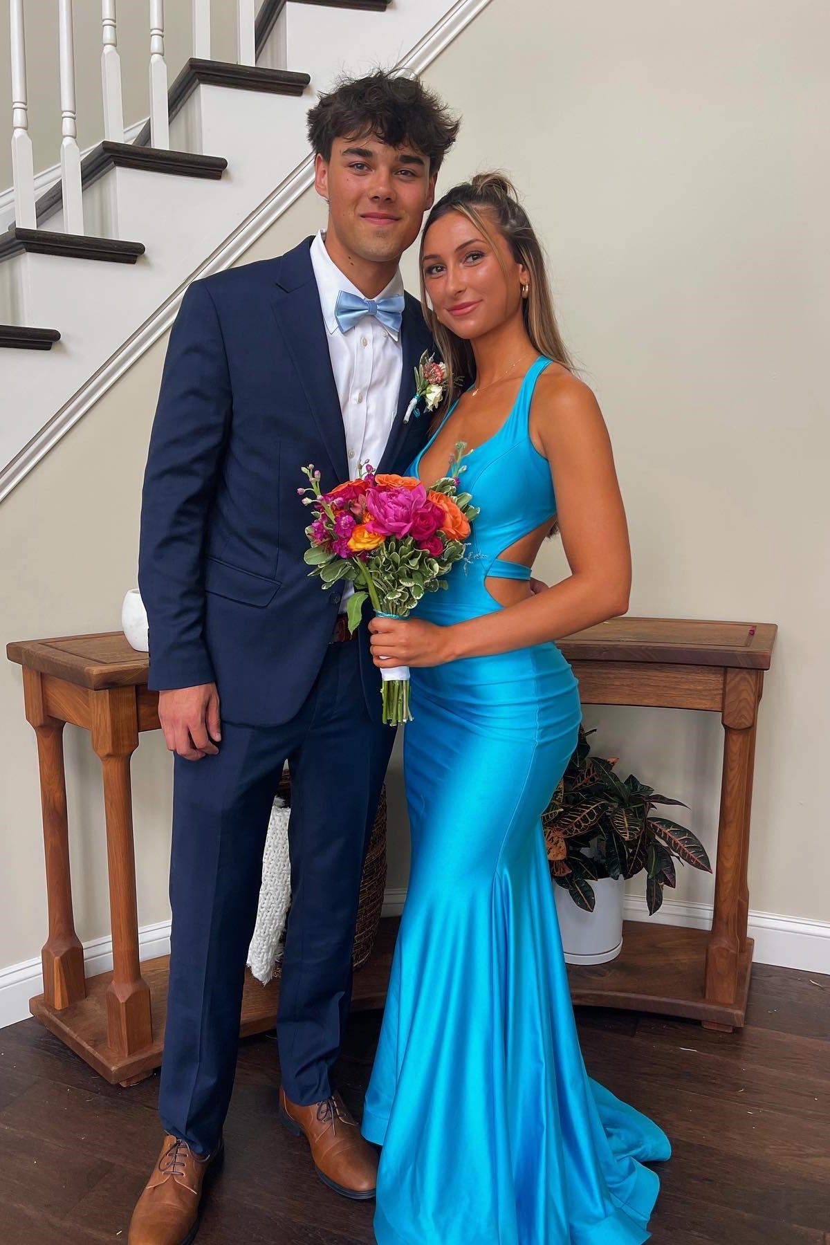 V-neck Blue Open Back Ruched Mermaid Long Party Dress Cheap Custom Prom Dress AB1560