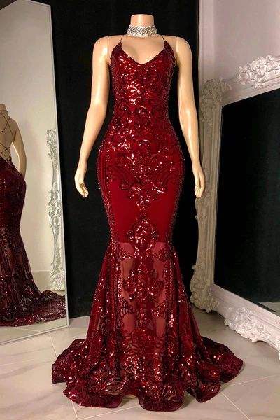 Gorgeous Halter V-Neck Sleeveless Mermaid Prom Dresses Sequins Long Vestidos De Dia AB532