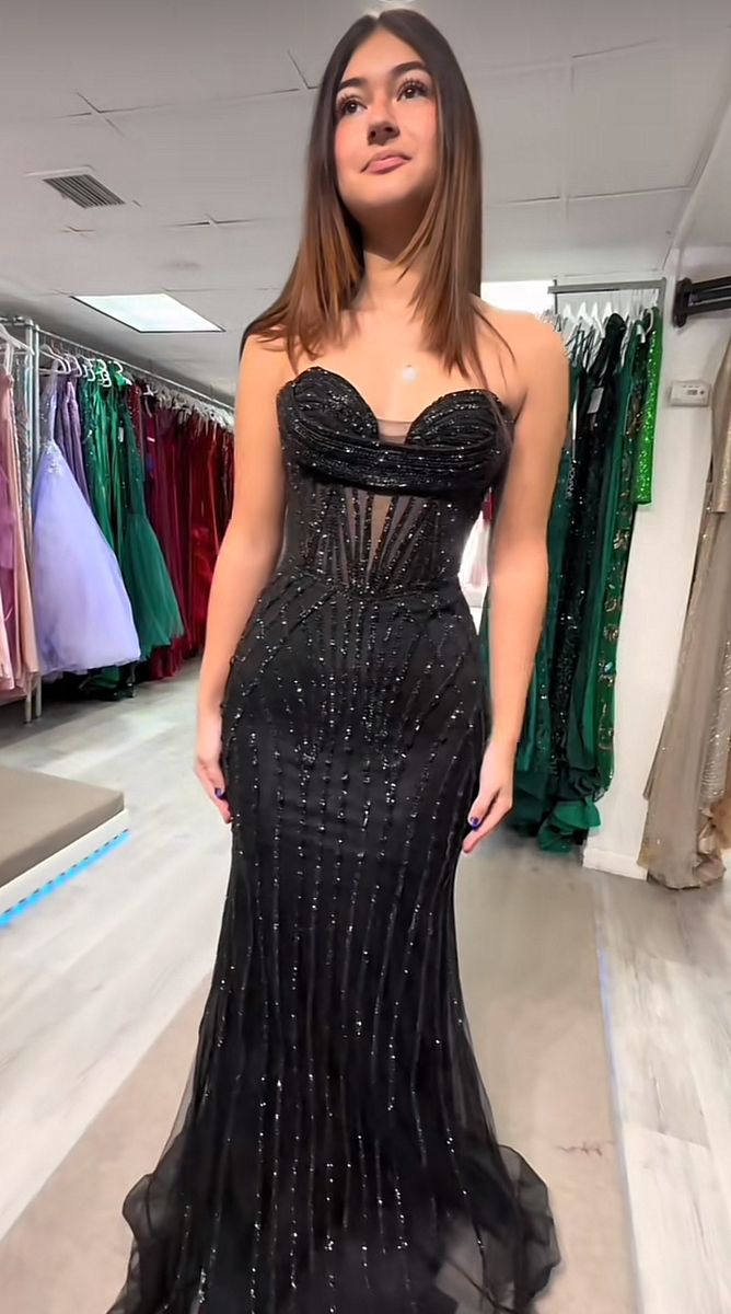 Fancy Mermaid Sweetheart Black Sequin Beaded Prom Dresses For Teens Formal Dress Party Outfits N796