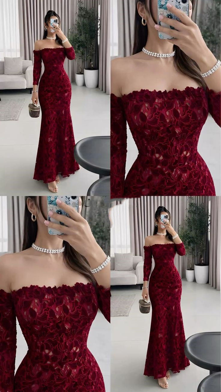 Sexy Mermaid Off The Shoulder Burgundy With Lace Sleeves Prom Dresses Long Evening Formal Gown Wedding Party Gowns N354