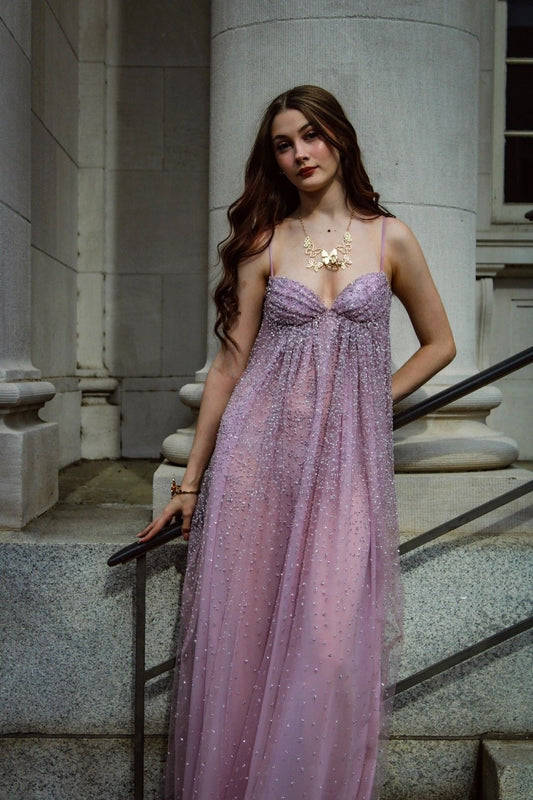 Modest A Line Spaghetti Strap Lilac Sequins Long Summer Beach Black Tie Prom Dresses Spring Wedding Guest Dress N1397