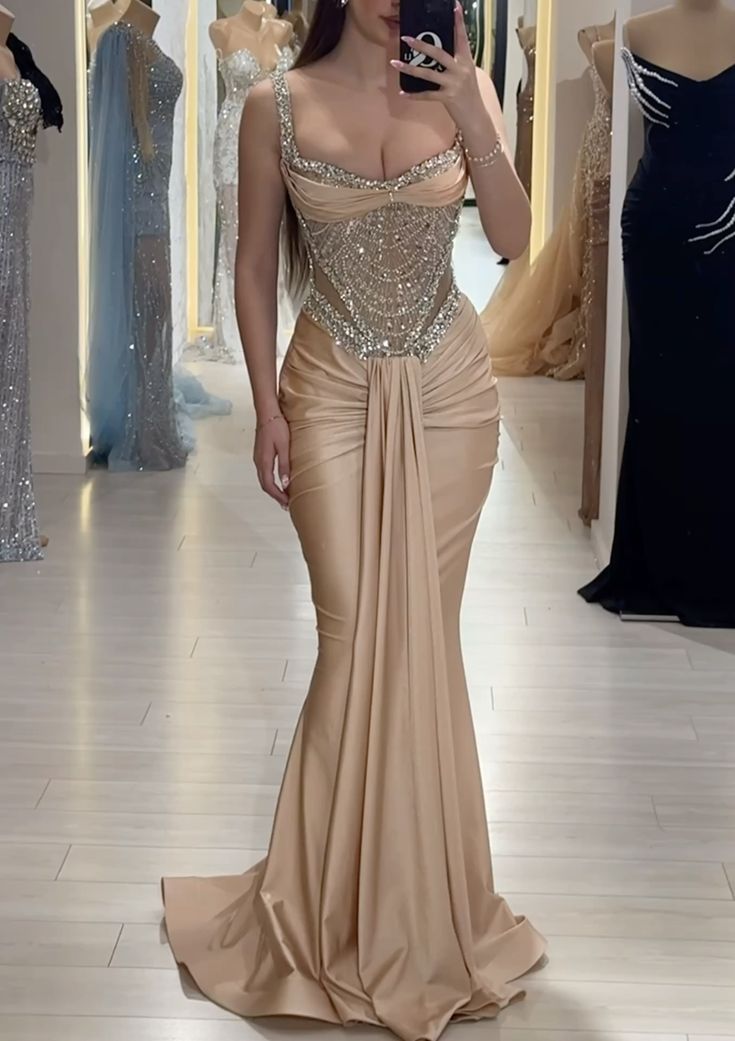 Sexy Shimmer Gown Straps Sleeveless Champagne Prom Dresses Mermaid Bodycon For Women N4062