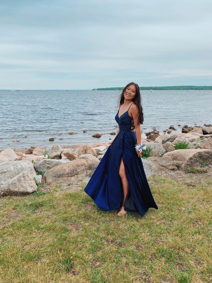 prom dress inspo Sparkly Navy Blue A line Aesthetic Spaghetti Straps Midnigh – RubyFashionDress Blue long flowy dress Step into a world Color:Nude/Pink/Fuchsia D999XBYLBKMDJY