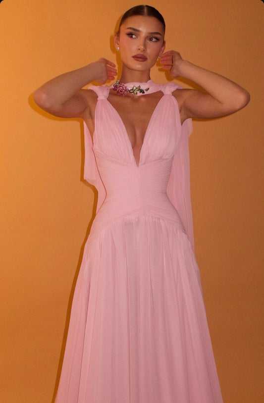 Beautiful A line V Neck Pink Chiffon Party Dresses Prom Dresses Impress Wedding Guest Dress N890