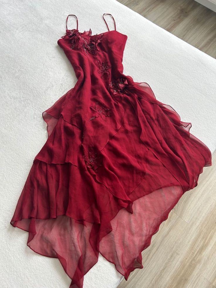 Vintage High Low Spaghetti Strap Chiffon Burgundy With Beaded Appliques Formal Gowns Evening Maxi Dress Prom Dress Aesthetic For Women Party Outfits AB1214