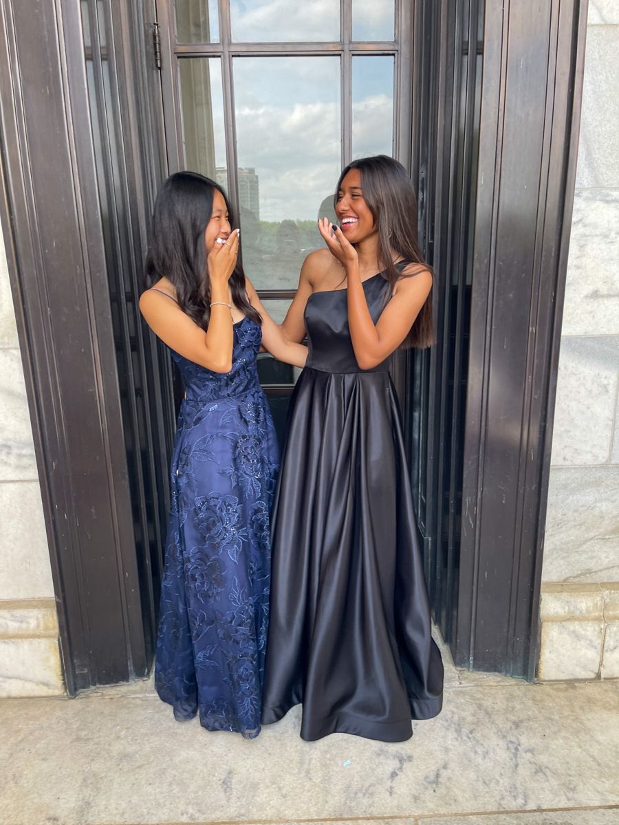 A Line Spaghetti Straps Navy Blue Satin Lace Backless Party Long Prom Dresses AB1609