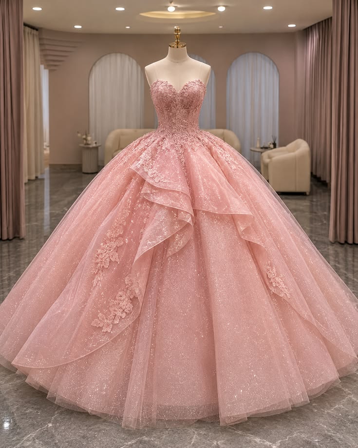 Blush Pink Glitter Ball Gown | Luxury Princess Wedding Dress Inspiration Quince Dress Quinceanera Dresses Birthday Outfits RB8218