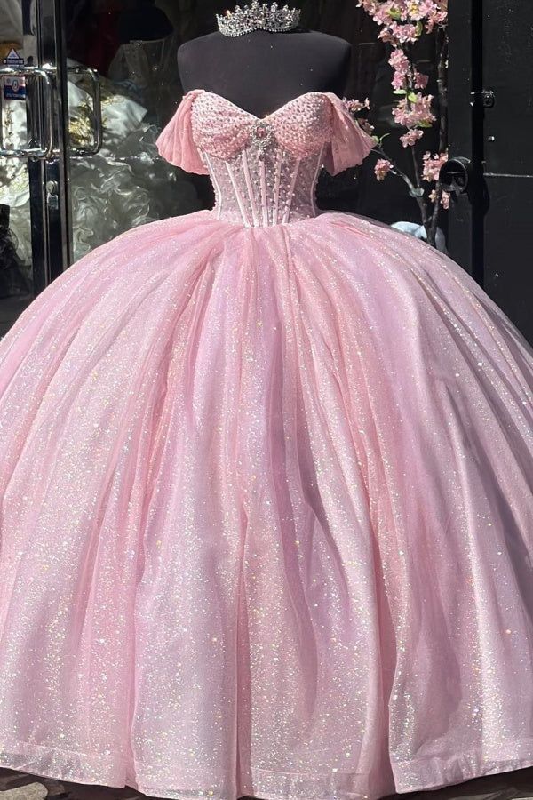 Pink Ball Gown | Elegant Luxury Dress & Chic Fashion Off The Shoulder Quince Dress Tulle Quinceanera Dresses Birthday Outfits RB8231