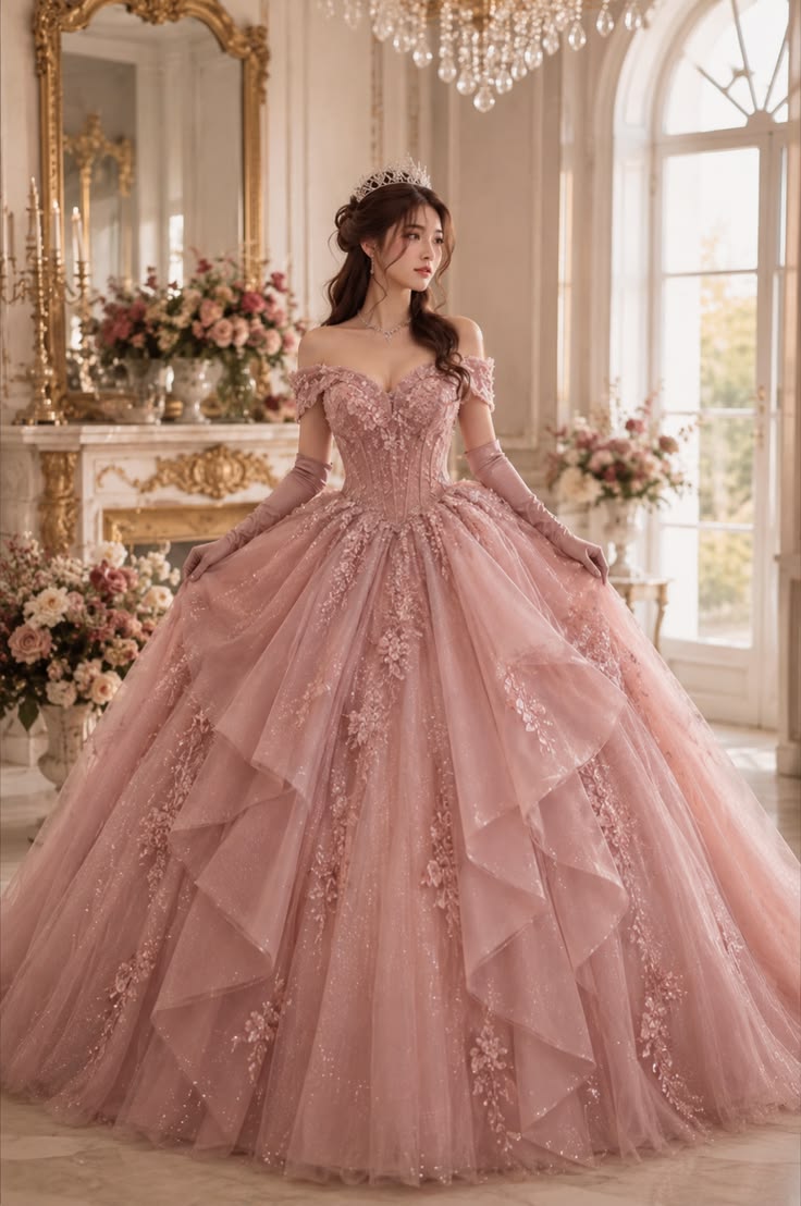 Blush Pink Ball Gown | Elegant Luxury Dress & Chic Fashion Off The Shoulder Quince Dress Quinceanera Dresses Birthday Outfits RB8224