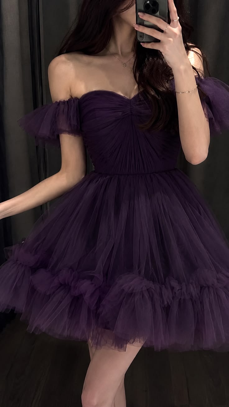 Elegant Party Dress Ideas for Women Ball Gown Off The Shoulder Grape Tulle Short Homecoming Dresses Inspo Hoco Outfits RB8765