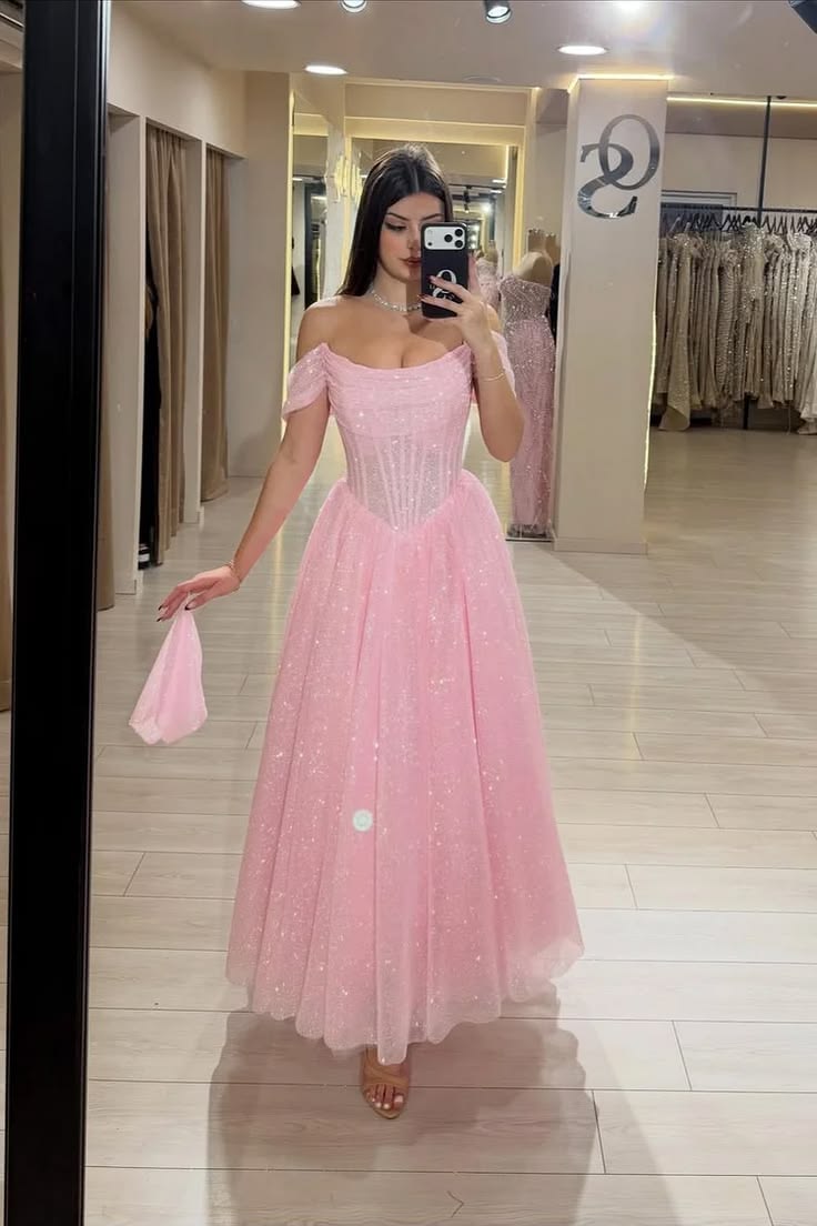 Fairytale Pink Prom Dress Ball Gown Off The Shoulder Sequin Princess Long Party Evening Formal Gown RC1162