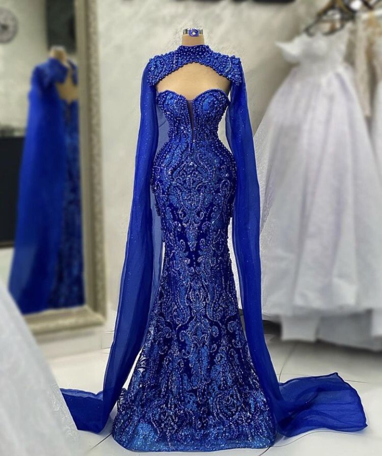 Gorgeous Mermaid Sweetheart Royal Blue Sequins Beaded Bodice Prom Dresses Long Formal Party Gown With Cape AB342