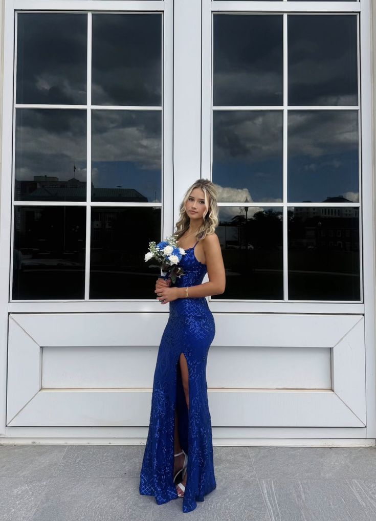 Vintage Mermaid Sleeveless Spaghetti Strap Royal Blue Sequin Long Slit Prom Dress Aesthetic For Senior Teens Party Outfits Prom Gown AB1171