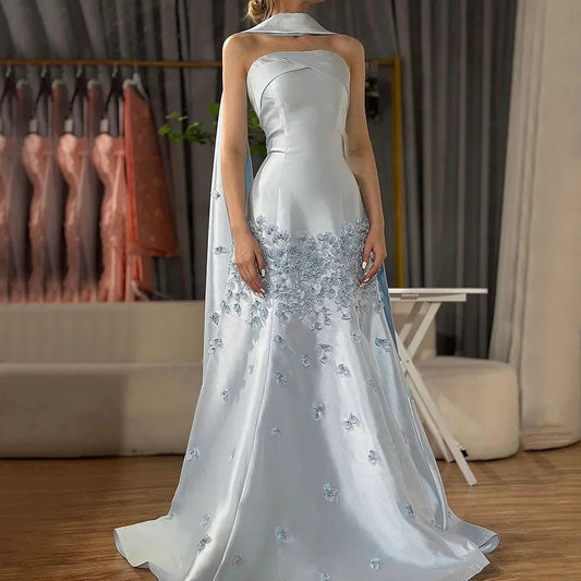 Cute Light Blue Floral Mermaid Prom Dresses Long Formal Party Dress Prom Gown AB1174