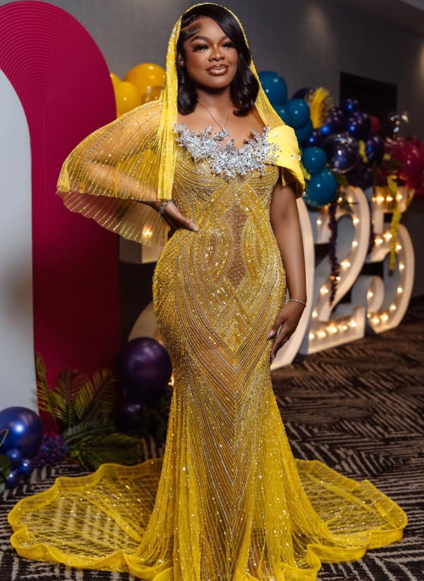 Modest Mermaid Strapless Yellow Sequins Prom Dresses Black Women Inspi – RubyFashionDress