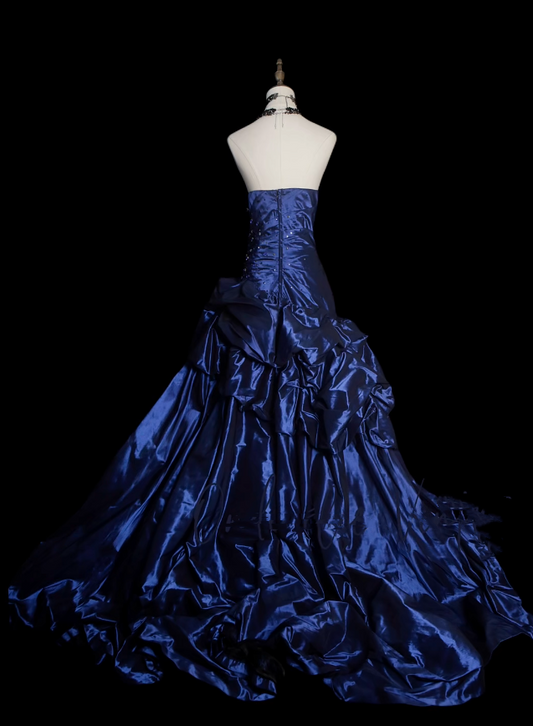 Vintage Ball Gown Strapless Navy Blue Satin Long Prom Dresses Senior Graduation Dance Evening Outfits N035