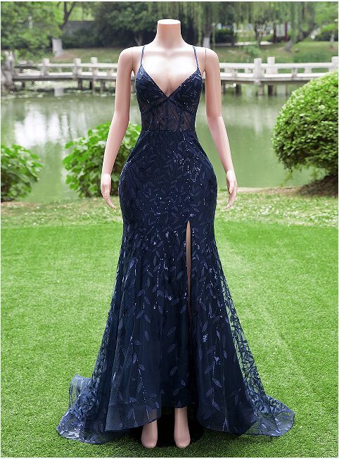 Navy Blue Mermaid Sequins Spaghetti Straps Prom Dress Party Dress Prom Gowns AB325