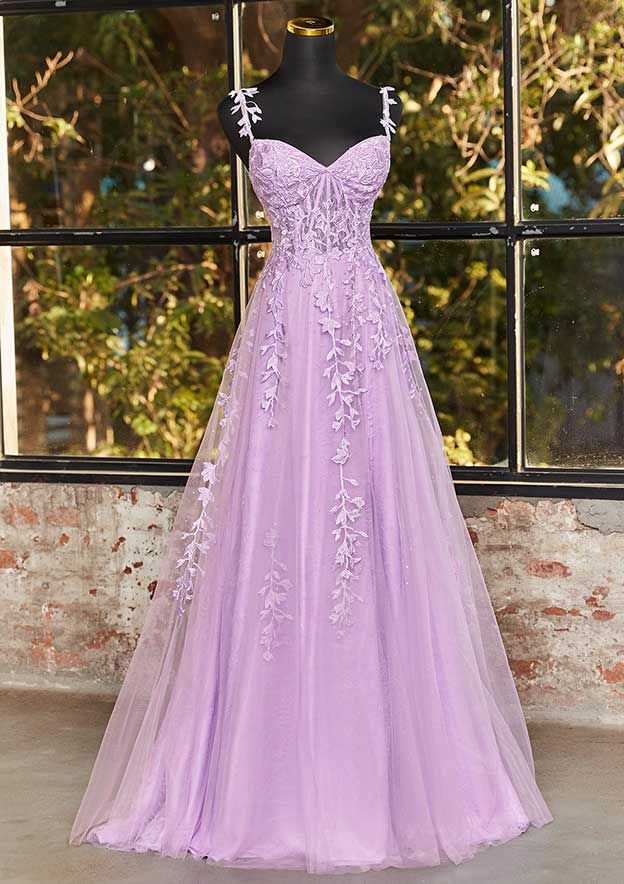 A-line V Neck Sleeveless Sweep Train Tulle Prom Dress with Appliqued Beading AB706