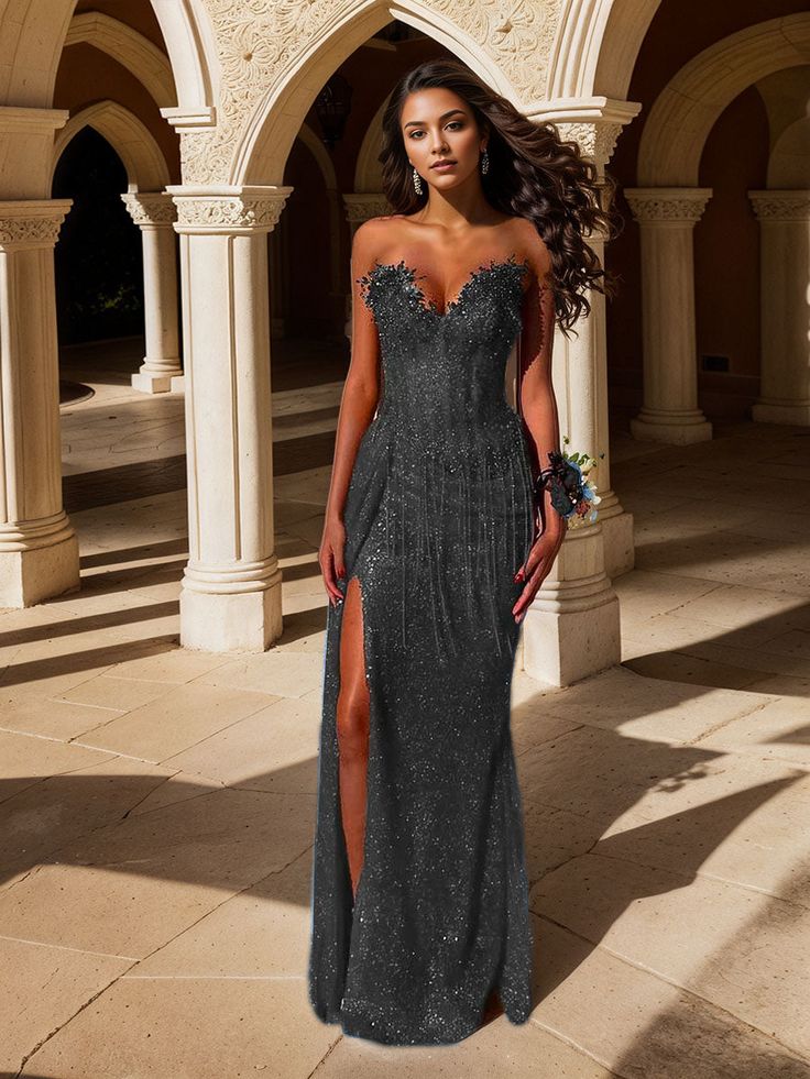 Red Strapless Beaded Fringe Waist Sequin Prom Dress with High Slit For Women AB1546