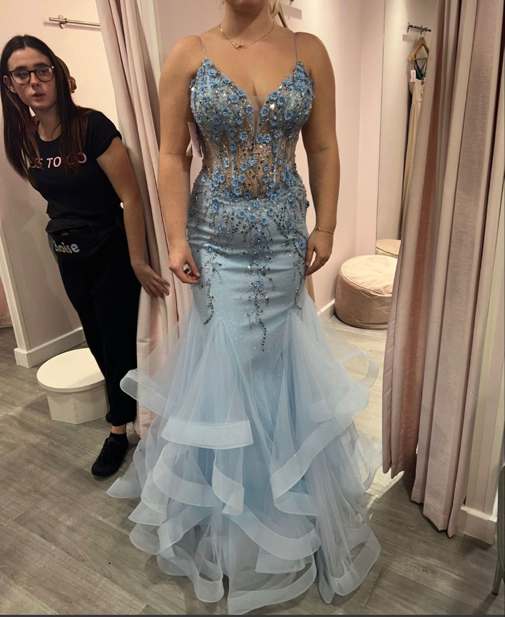 Blue Tulle Lace Party Dress Mermaid Spaghetti Straps Long Sexy Prom Dresses Evening Gowns AB1571