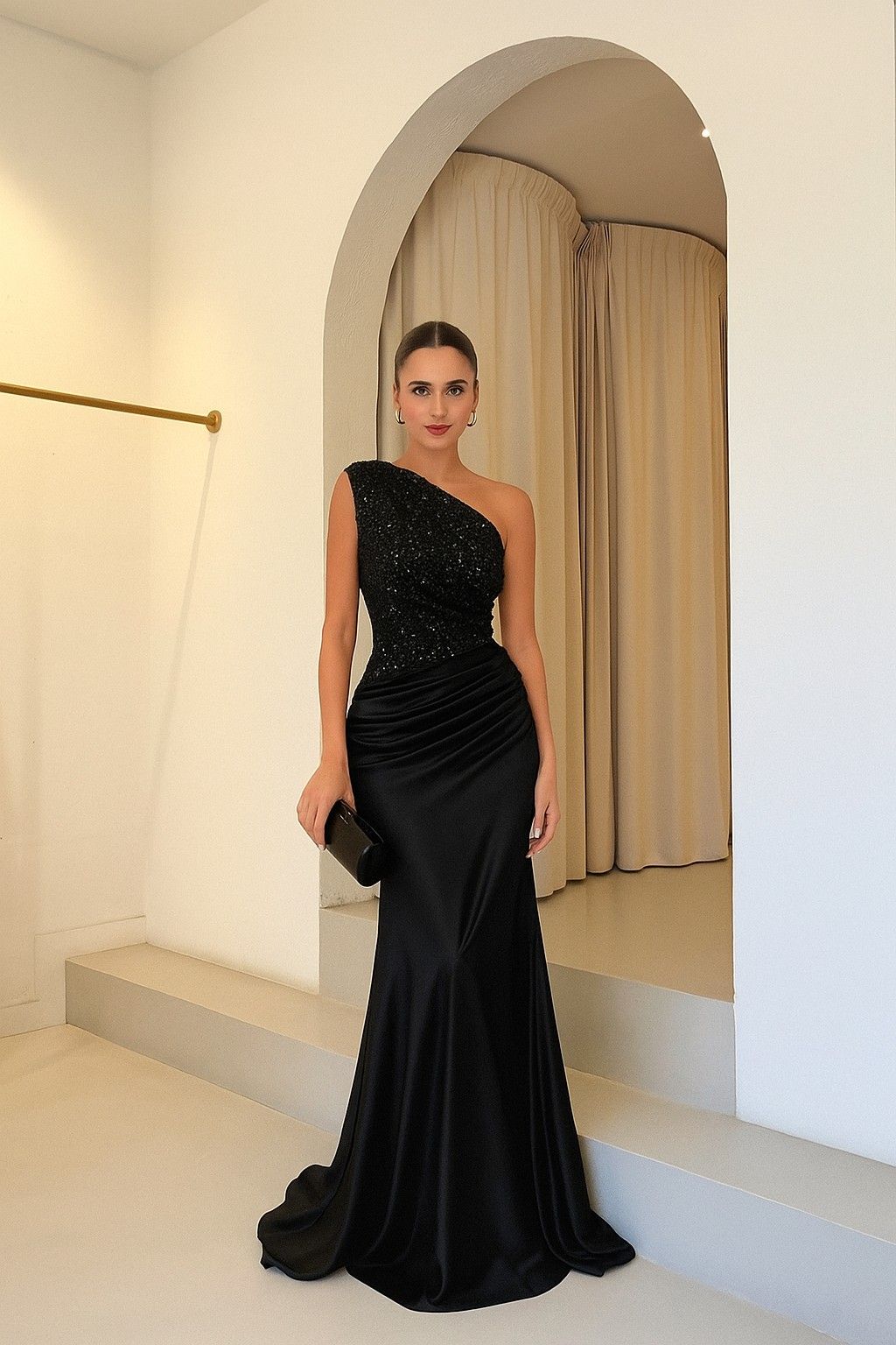 Elegant Mermaid One Shoulder Black Cruise Ship Formal Night Evening Dresses Long Birthday Outfits AB3802