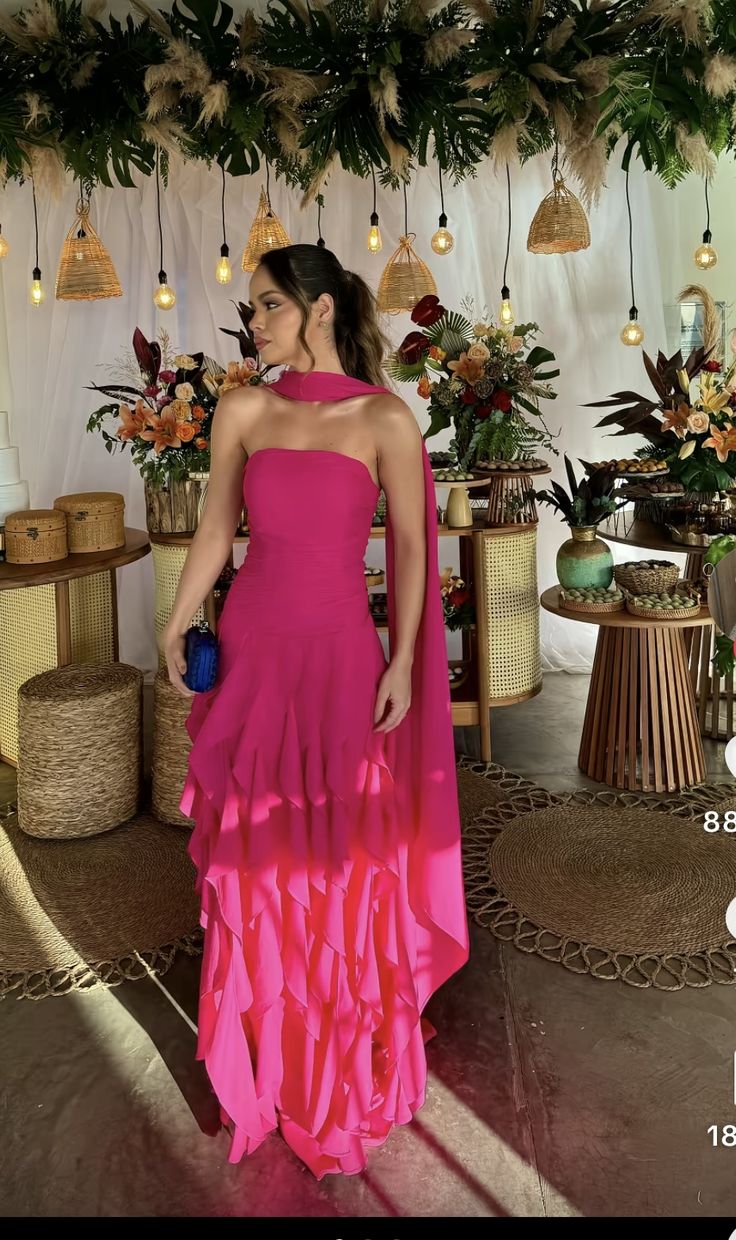 Gorgeous Hot Pink Strapless Sleeveless Chiffon Prom Dresses Ruffles Sheath Prom Gown AB210