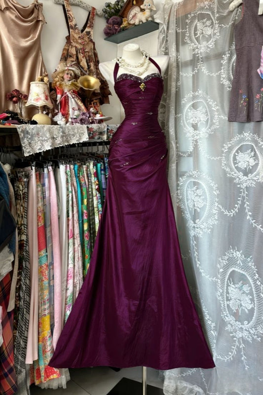 Vintage Halter Sheath Long Prom Dresses Beaded Satin Blue Evening Dresses Sleeveless Birthday Dresses N783
