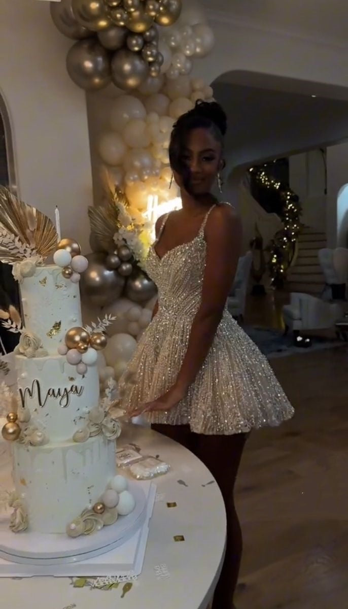 Trendy Ball Gown Spaghetti Strap Champagne Sequin Short Night In Rio Inspo Hoco Dress Ideas Homecoming Dresses RB4068