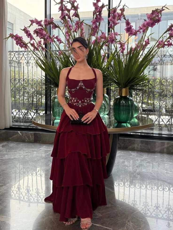 Charming A line Halter Burgundy Prom Dresses Inspiration For Teens Formal Dress Party Outfits Prom Gown Ideas AB003