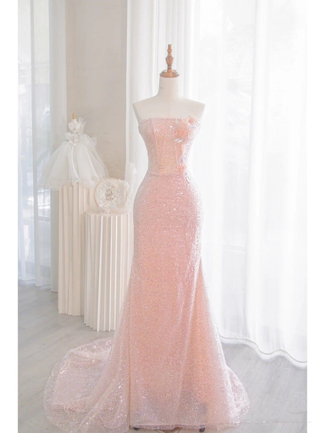 Modest Mermaid Strapless Blush Pink Sequin Long Prom Dresses Graduation Dance Evening Outfits N047