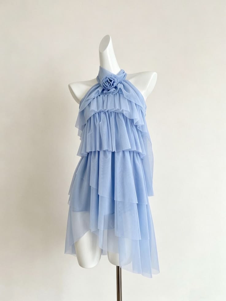 Simple A Line Halter Birthday Dress Blue Chiffon Homecoming Dress Short Party Dress RB8173