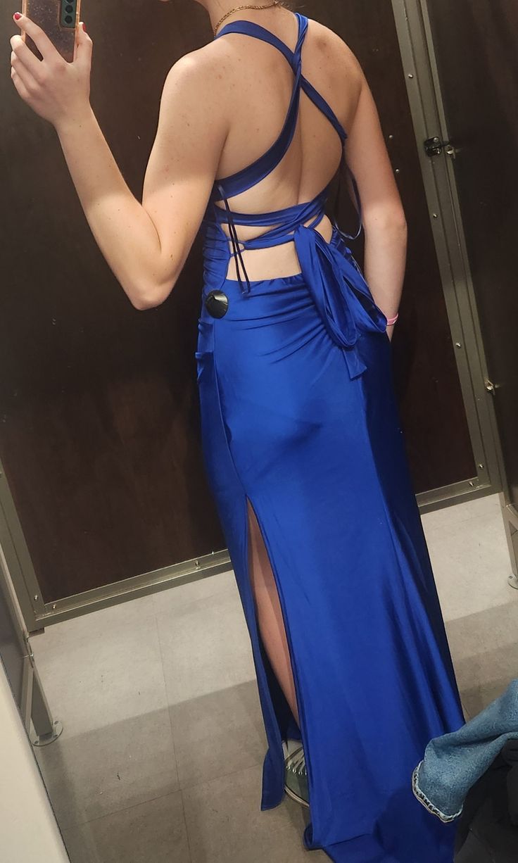 Modest Night Aesthetic Mermaid Spaghetti Straps Royal Blue Backless Slit College Formal Outfit Long Prom Graduation Dresses For Teens N1125
