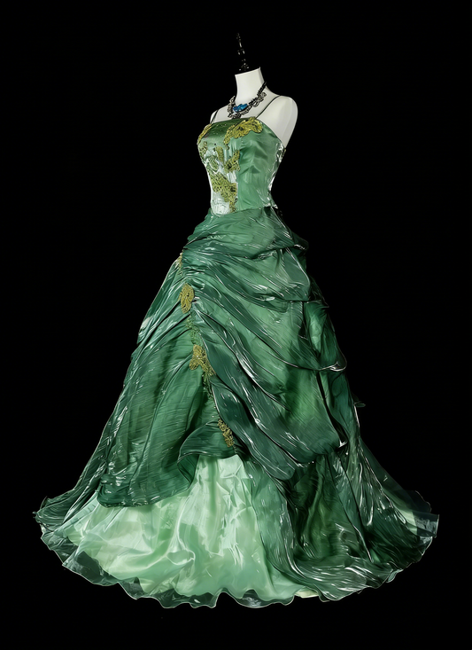 Vintage Prom Dresses Aesthetic Ball Gown Straps Green Organza Long Formal Dress N2154