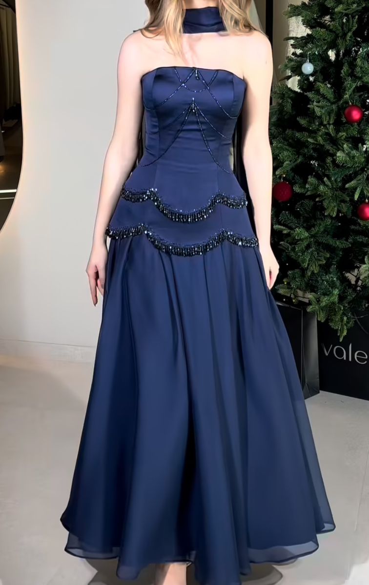 Elegant Formal Prom Dress Floor Length Navy Blue With Scarf Evening Gown for Special Occasions RC0155