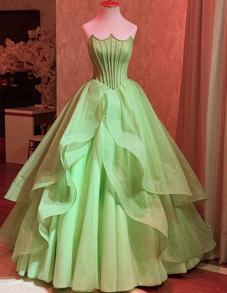 Unique Ball Gown Strapless Sage Green Tulle With Multi Layered Long Prom Quinceanera Dresses Sweet 15 16 Birthday Gown AB1104