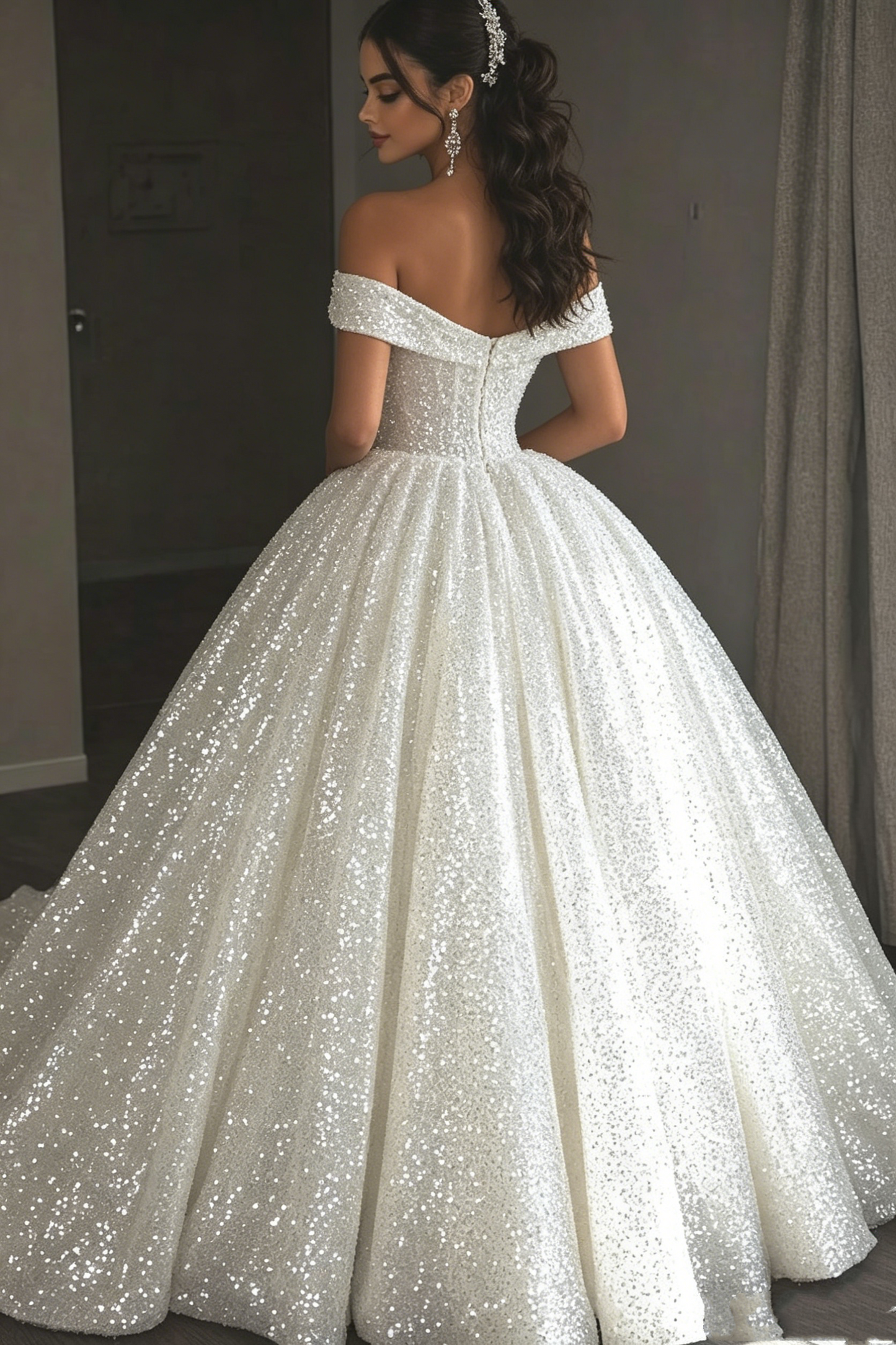 Sparkly Ball Gown Off The Shoulder Sequin Long Wedding Dress Fairy Formal Short Sleeves Wedding Dresses B113