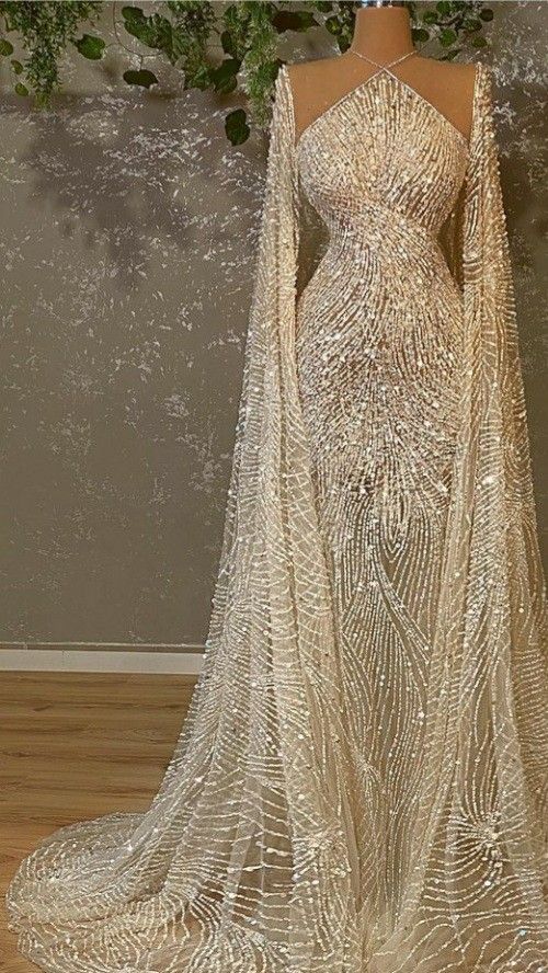 Modest Party Gowns Sleeveless Floor-Length Mermaid Halter With Cape Sequin Long Prom Dresses AB1725