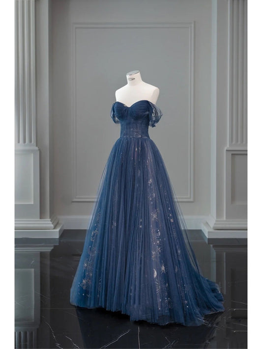 A-Line Off Shoulder Tulle Lace Dark Blue Long Prom Dresses AB693