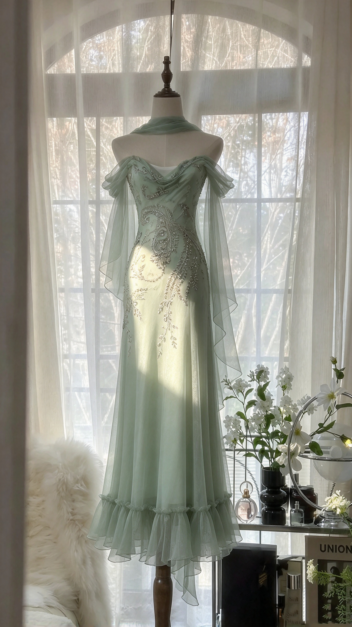 Stunning Prom Dresses A line Off Shoulder Mint Green Chiffon With Beading Long Formal Dress RC1248
