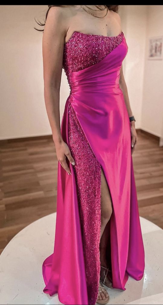 Sparkly Mermaid Strapless Hot Pink Sequin With Slit Long Prom Dresses Formal Party Gown Inspo Evening Outfit AB781