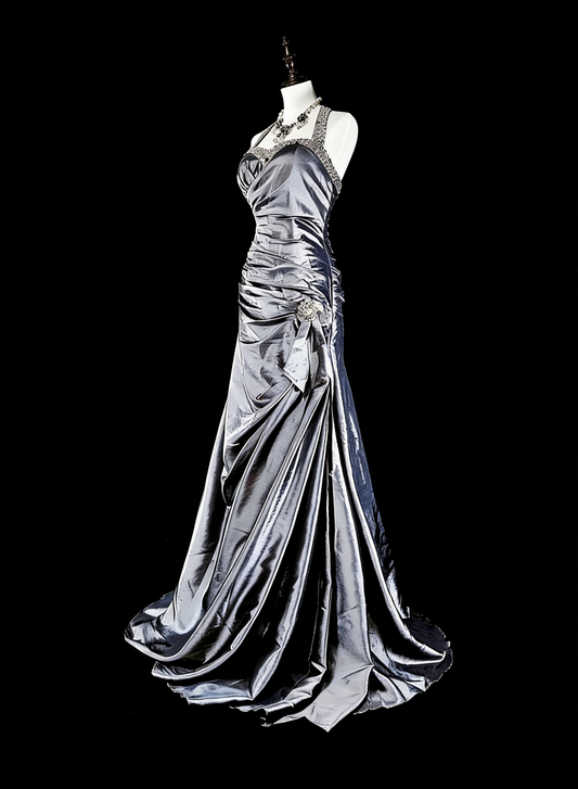 Vintage Prom Dresses Aesthetic Mermaid Halter Grey Taffeta Classic Inspo Formal Party Dress N1998