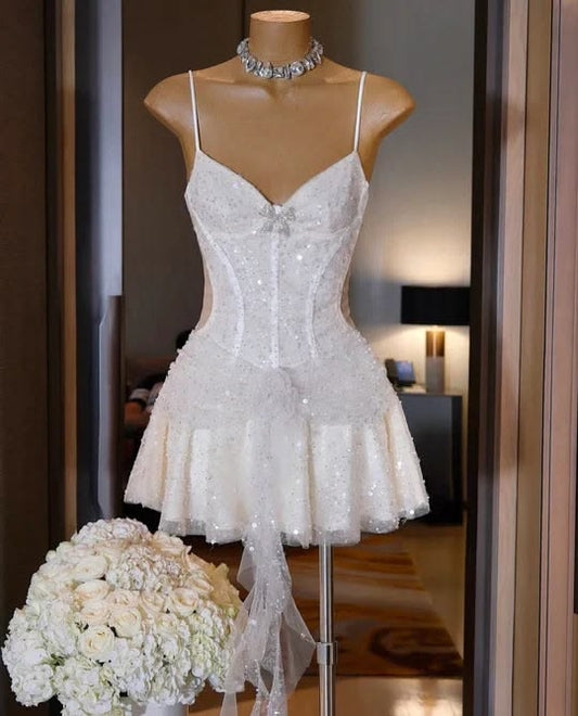 White Spaghetti Strap 16th Birthday Dress Glitter Sequin A-Line Homecoming Dresses N4738