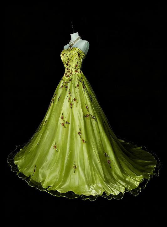 Chic Ball Gown Strapless Green Tulle With Beaded Long College Formal Outfit Prom Graduation Dresses For Teens N1379