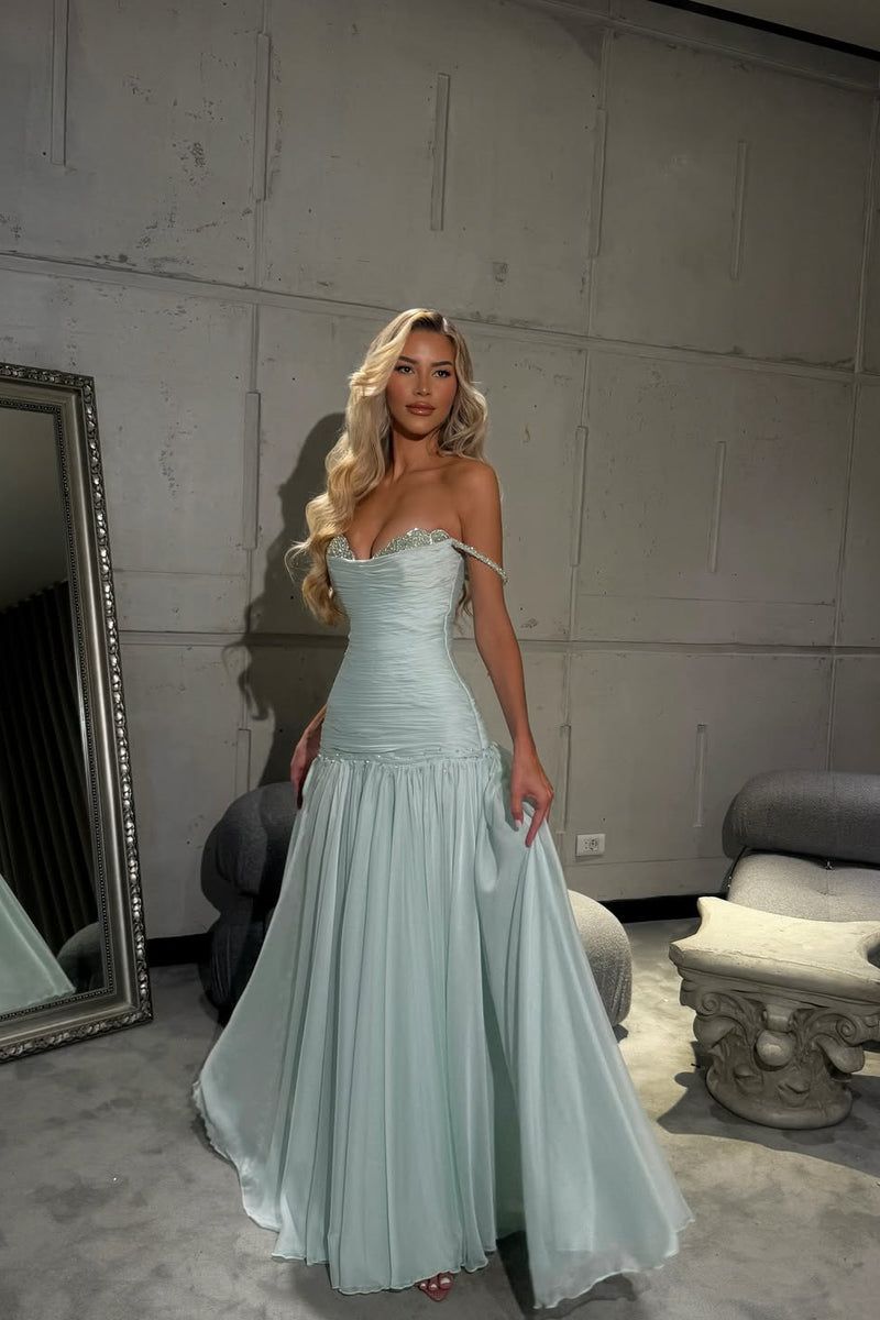 Elegant Spaghetti Straps Sleeveless Light Sky Blue Prom Dresses Long Party Dress AB1779