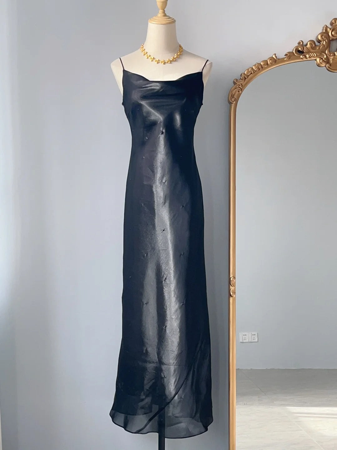 Vintage Sheath 90s Spaghetti Straps Black Tie Dress Long Prom Dresses Formal Outfits RB3930