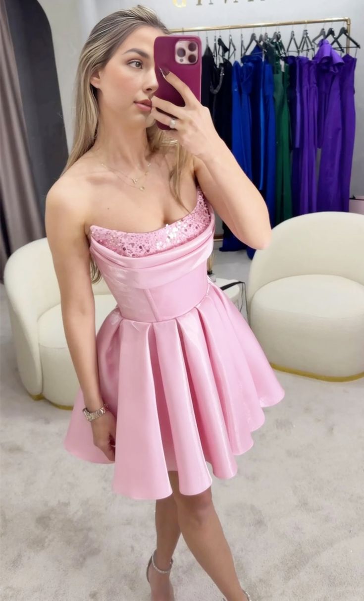 Beautiful Ball Gown Strapless Pink Satin With Beads Senior 12th Grad Short Mini Aesthetic Homecoming Dresses RB4385