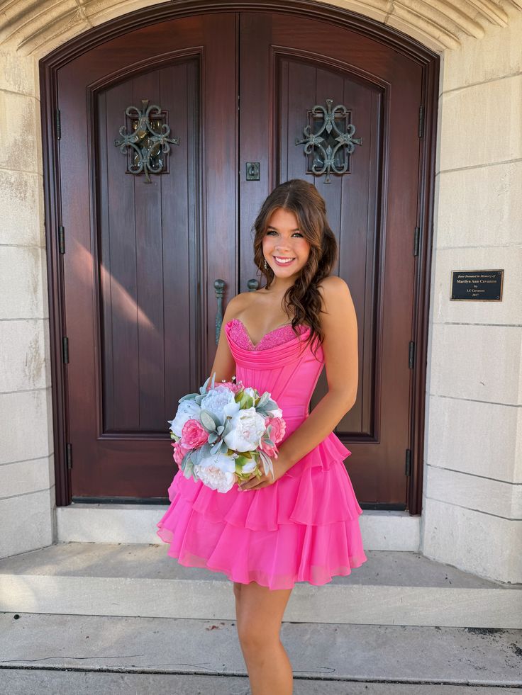 Cute Homecoming Outfit Ideas Mini Dress | Pink Sweetheart Fit and Flare High School Ideas Inspo Senior Graduation Outfits RB7252