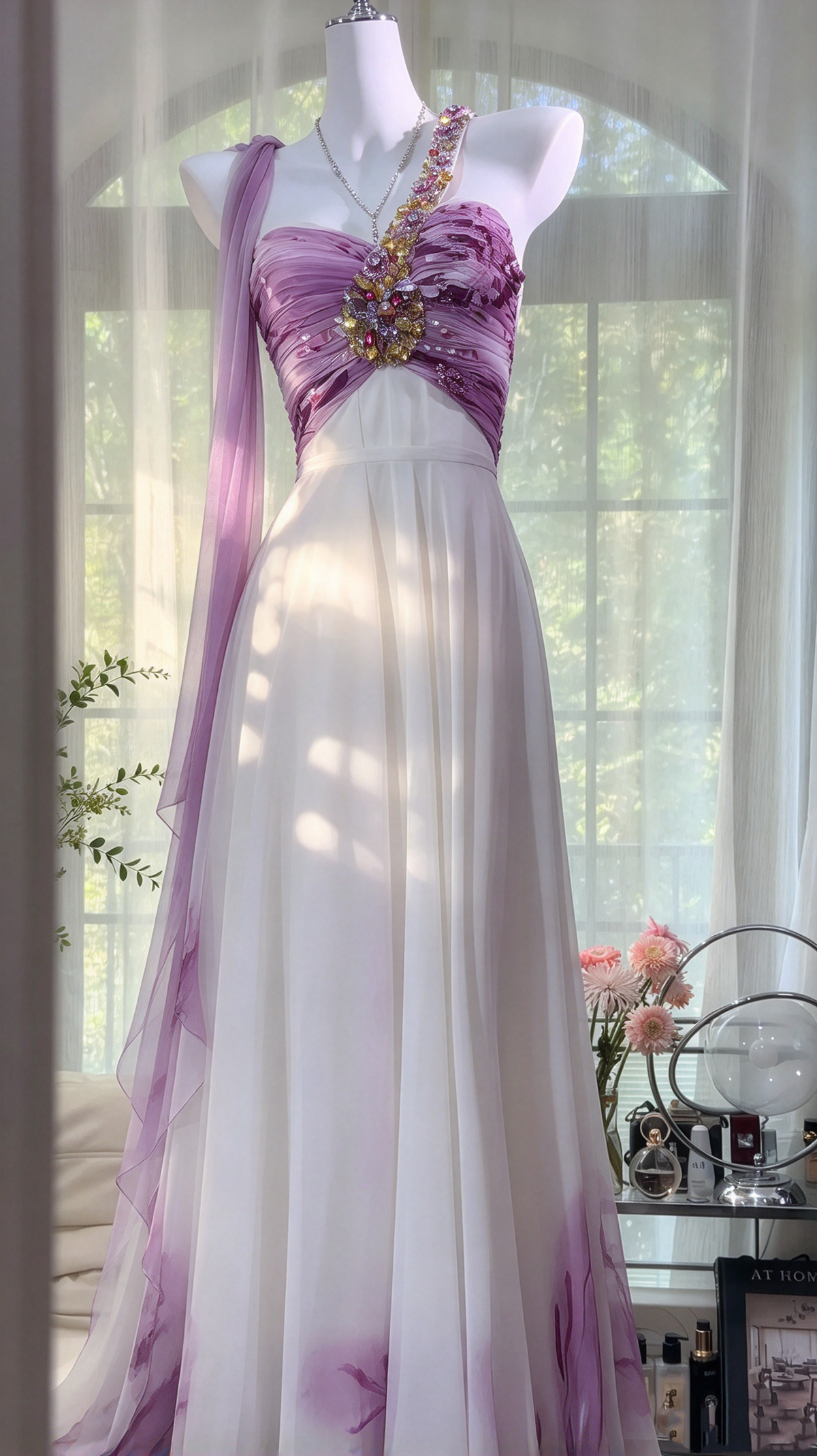 Stunning Prom Dresses A Line One Shoulder Lilac White Chiffon With Beading Long Formal Dress RC1254